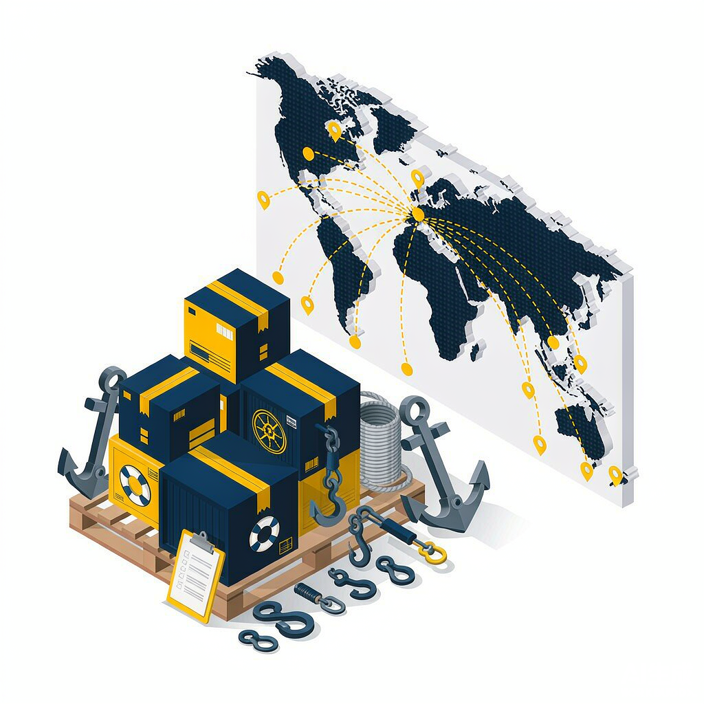 3D 等距示意图:一托盘混装索具从中国发往全球