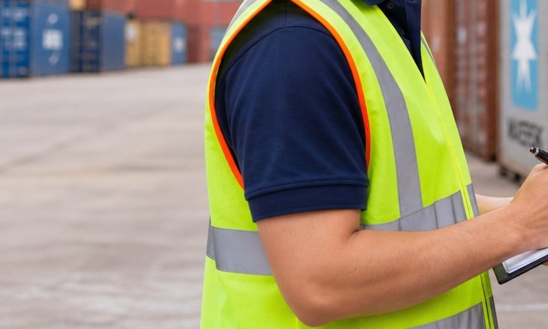 Container terminal, lower left: the inspector holding a clipboard and pen, recording the container check.