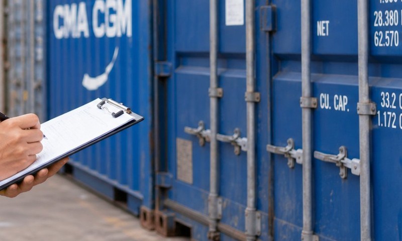 Container terminal, lower right: closed container doors with MAX GROSS, TARE and NET weight markings.
