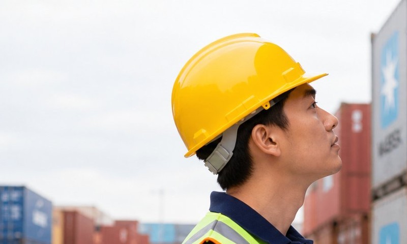 Container terminal, upper left: the inspector in a high-visibility vest and hard hat looking along the container row.