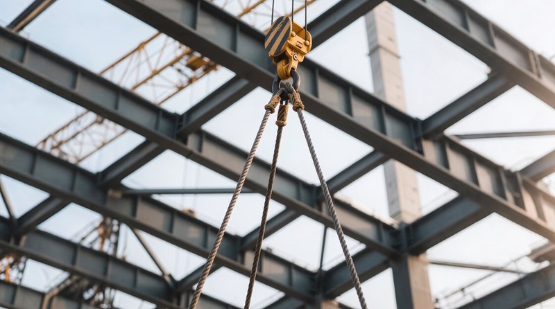 Photograph of a tower crane lifting a steel beam with slings and shackles