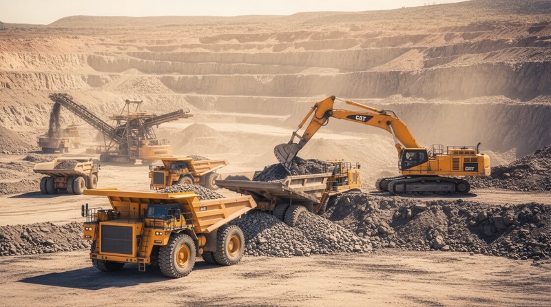 Photograph of a mining site with a dump truck and an excavator