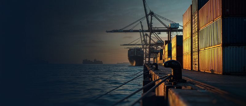 Container ship and gantry cranes at a container terminal at sunset