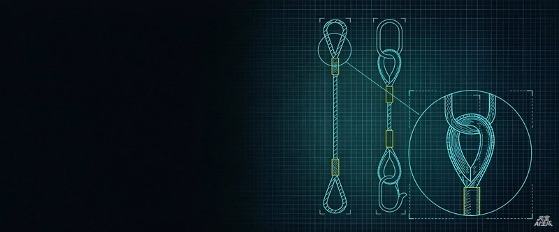 Blueprint-style diagram of a wire rope sling assembly with a close-up detail of the thimble and shackle on a dark grid