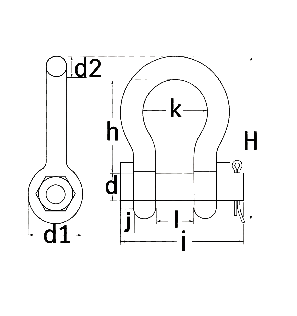 High Tensile Bow Shackle G2130 — dimensional drawing